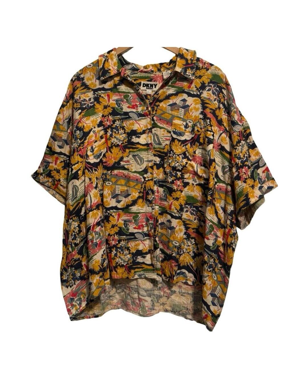 DKNY Womens M Button Up Shirt 100% linen Sleeve Pocket Hawaiian Hong Kong VTG